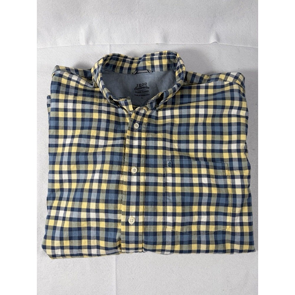 Izod Saltwater Long Sleeve Plaid Polo Shirt Ivory Blue Yellow Button-Up Large
